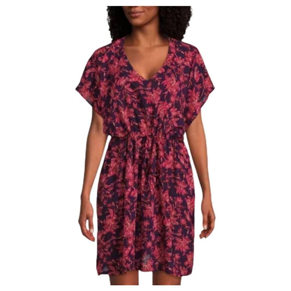 Lands' End Women's Purple/Navy/Red Modal Floral V-Neck Drawstring Swim Cover Up